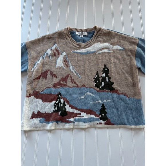 Madden Nyc Sweaters - Madden NYC Women's Graphic Sweater Mountain Snow Scene Blue Size L